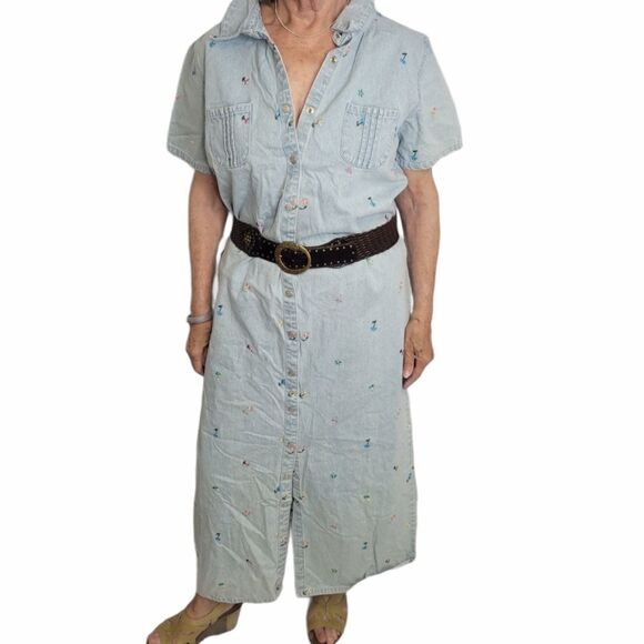 VINTAGE 90s dress denim embroidered floral button up jean maxi L - Picture 1 of 8